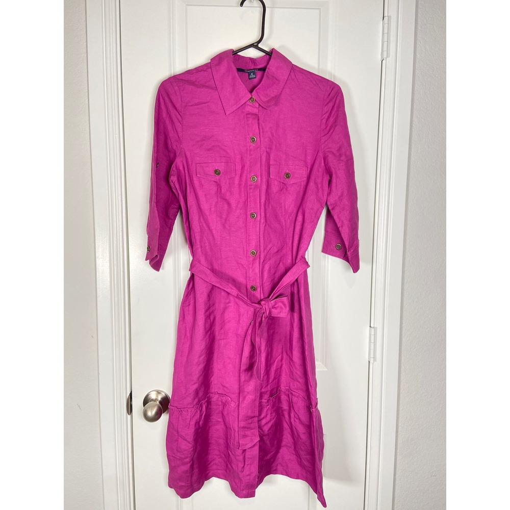 Womens Pink Linen Blend Button Down 3/4 Sleeve Belted Midi Dress